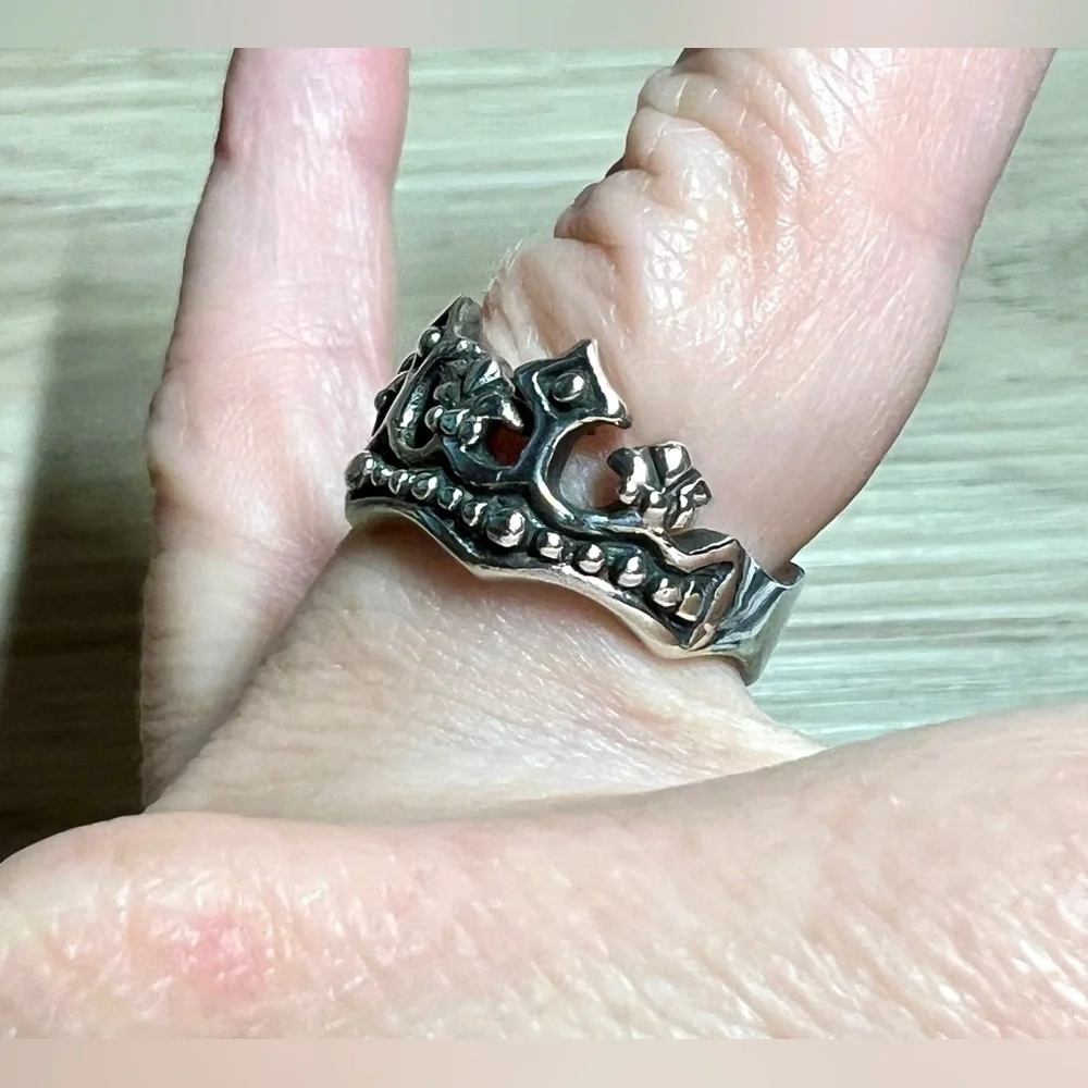 Vintage Designer Hallmarked ($) Sterling Silver Crown Band Ring, Size 5.5, 5g